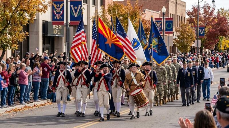 American flag waving at a Veterans Day parade with veterans saluting