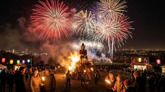 Colorful fireworks lighting up the night sky during Guy Fawkes Night celebrations