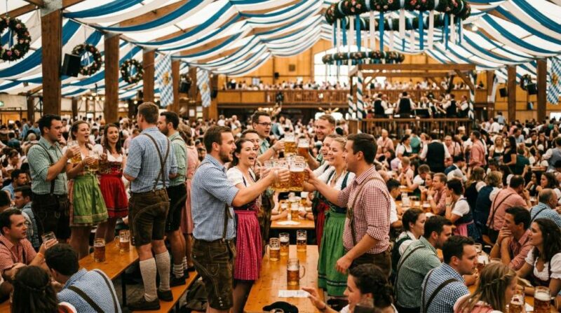 Crowd celebrating at Oktoberfest beer tent in Munich