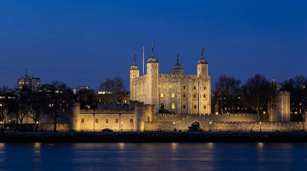 Historic Tower of London with a Bonfire Night bonfire in the foreground