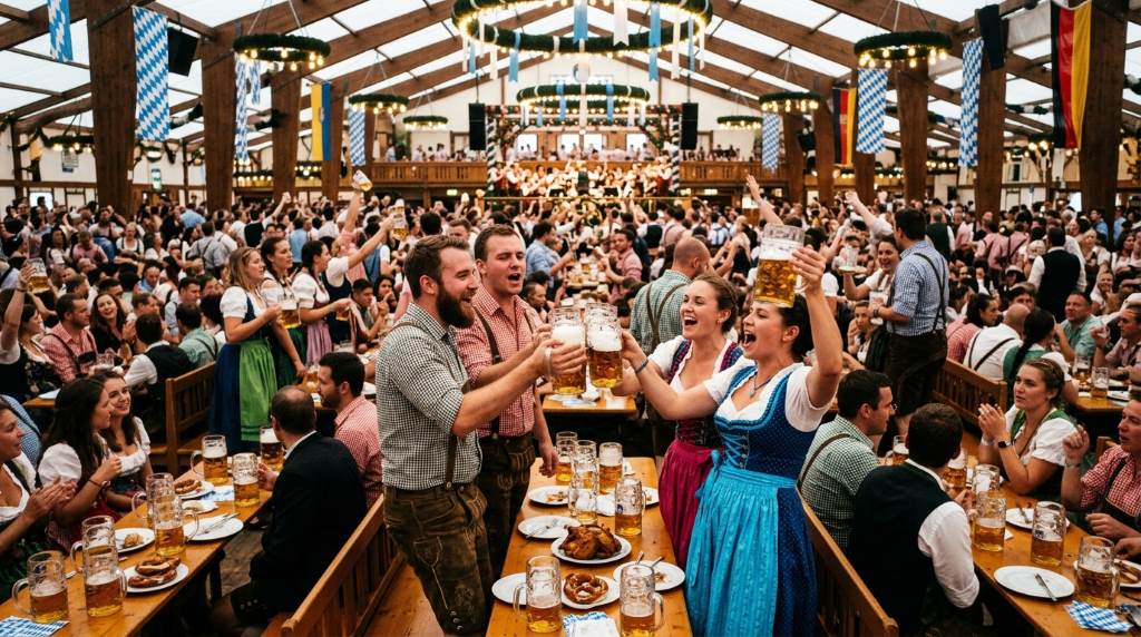 Oktoberfest parade with horse-drawn beer wagons