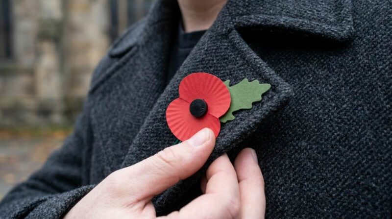 Red poppy pin on a dark coat lapel for Remembrance Day
