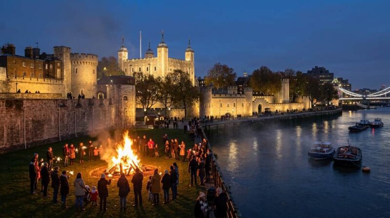 Tower of London illuminated against a Bonfire Night sky with fireworks