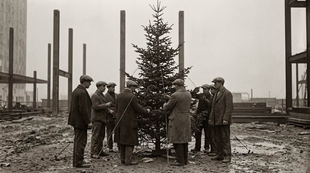black-and-white photo of the first Rockefeller Center Christmas Tree