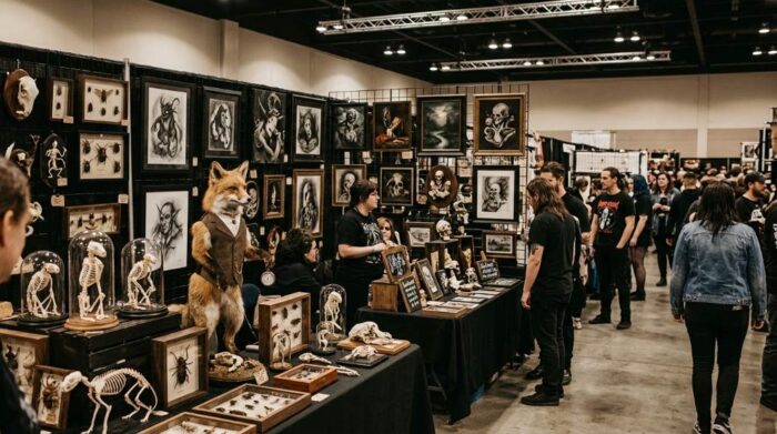 Ethically sourced animal skulls and bones displayed at an oddities expo vendor booth