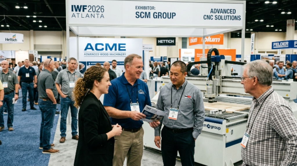 Woodworking professionals networking at IWF 2026 exhibitor booths in Atlanta