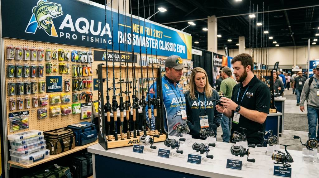 Fishing rods, reels, and tackle on display at an exhibitor booth during the Bassmaster Classic Outdoors Expo 2027