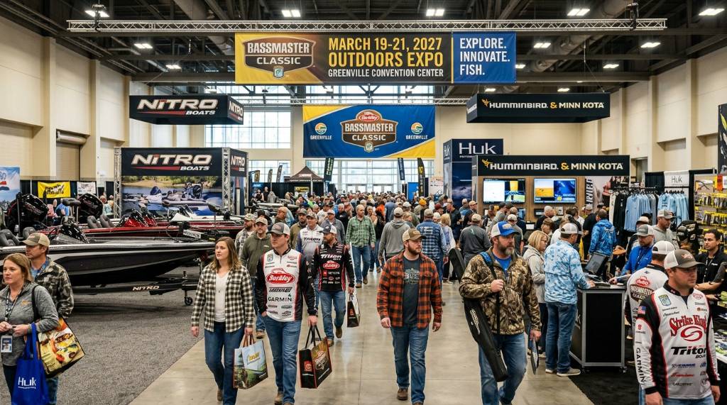 Anglers and outdoor fans walking through the Bassmaster Classic Outdoors Expo floor at the Greenville Convention Center in 2027