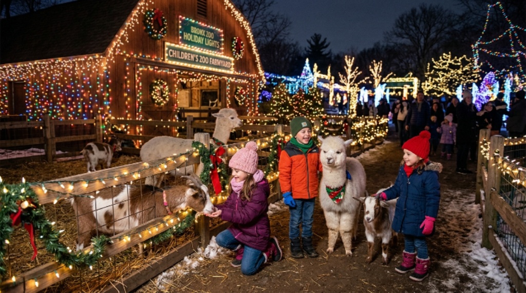 Children interacting with goats and alpacas inside the festively lit Children's Zoo Farmyard during Bronx Zoo Holiday Lights