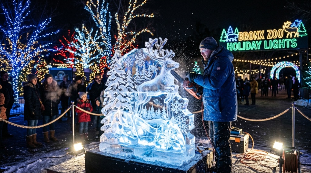 A live ice sculptor carving a detailed winter design at night during the Bronx Zoo Holiday Lights festival