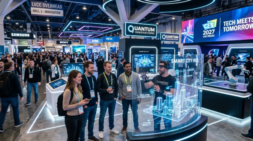 Tech visitors exploring futuristic displays and product demonstrations at CES 2027 Las Vegas Convention Center