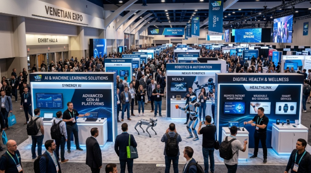 CES 2027 exhibitor booths showcasing AI, robotics, and digital health technologies at the Venetian Expo in Las Vegas