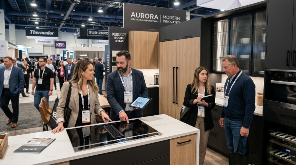Design professionals exploring modern kitchen appliances and cabinetry displays at the Kitchen and Bath Industry Show 2027