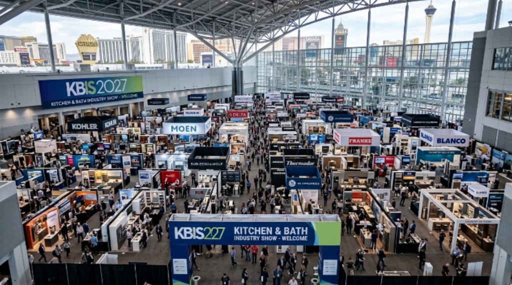 Aerial view of KBIS 2027 exhibition hall filled with kitchen and bath exhibitor booths at the Las Vegas Convention Center