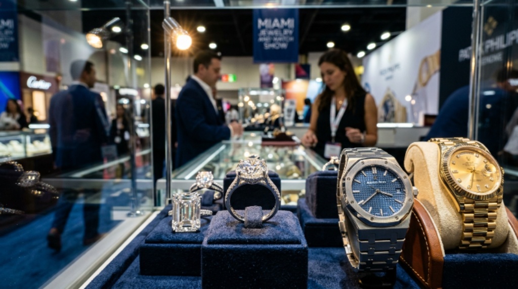 Close-up of diamond rings and luxury timepieces at Miami Jewelry and Watch Show
