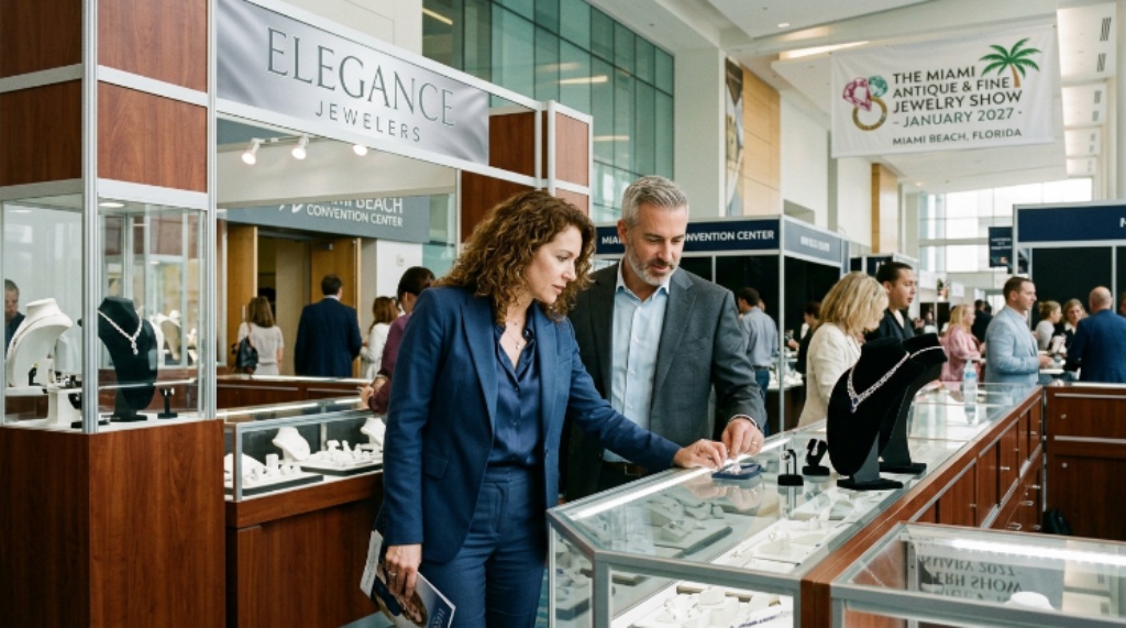 Visitors browsing fine jewelry at Miami Beach Convention Center in January 2027