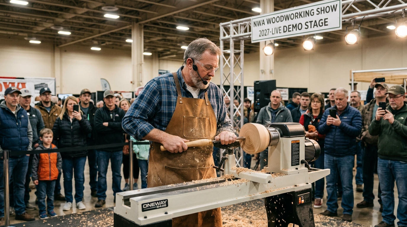 A woodturner giving a live demonstration at the NWA Woodworking Show 2027