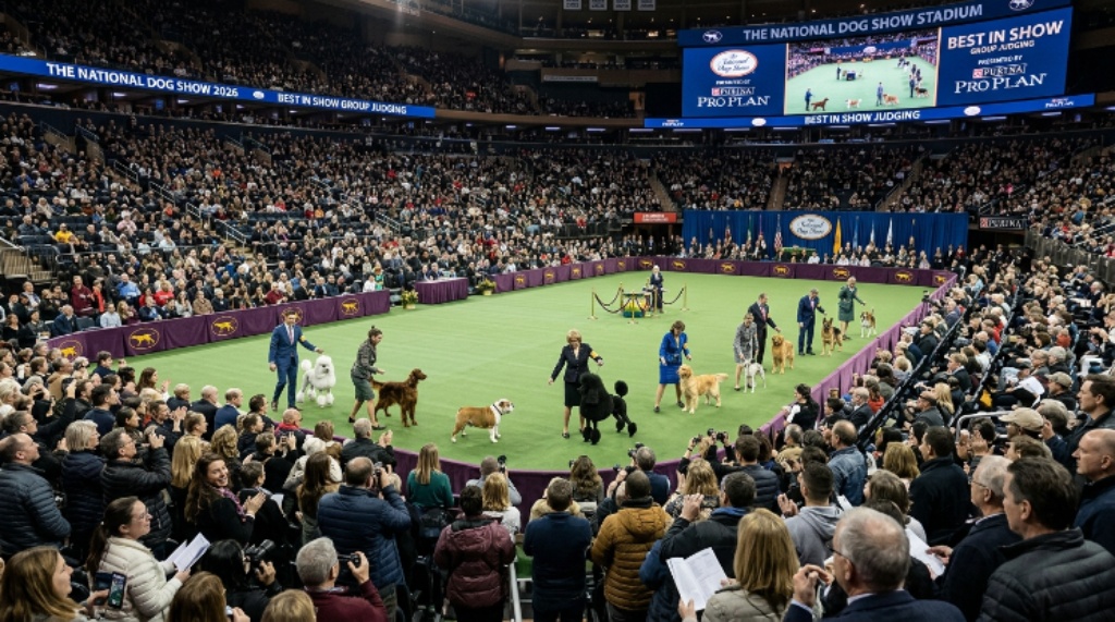 Crowd of visitors watching Best in Show group judging at the National Dog Show 2026 stadium ring