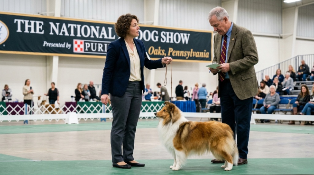 Handler presenting a dog to a judge at the National Dog Show Presented by Purina in Oaks Pennsylvania