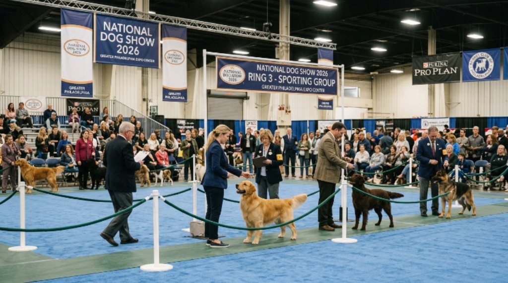 Purebred dogs competing in breed judging rings at the National Dog Show 2026 at Greater Philadelphia Expo Center