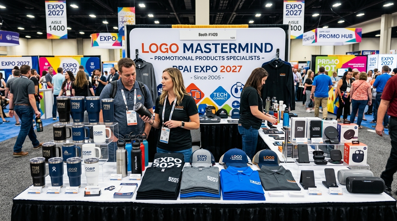 Promotional products displayed at the PPAI Expo 2027 including branded drinkware, apparel, and tech accessories on an exhibitor table
