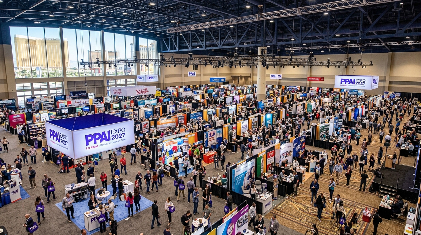 Aerial view of the PPAI Expo 2027 trade show floor at Mandalay Bay Convention Center in Las Vegas with thousands of attendees and exhibitor booths