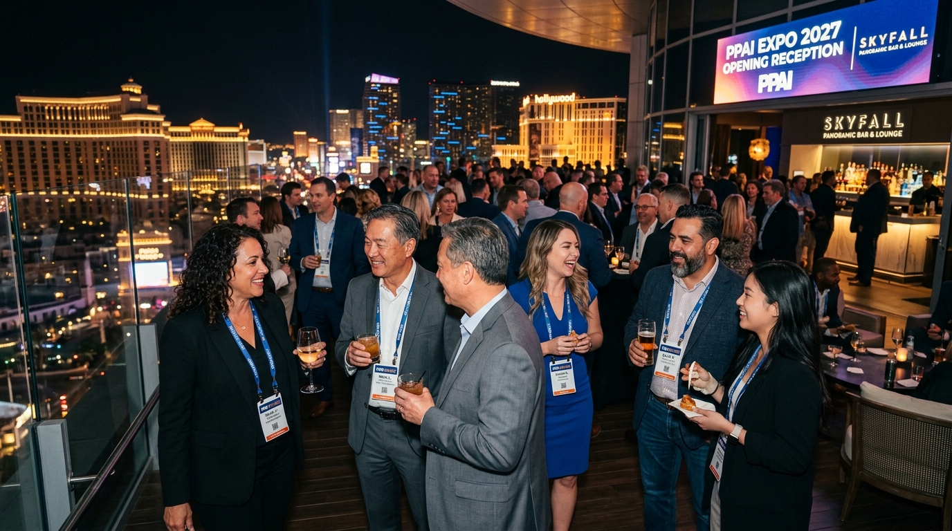 Industry professionals networking at the PPAI Expo 2027 Opening Reception at Skyfall Panoramic Bar and Lounge in Las Vegas