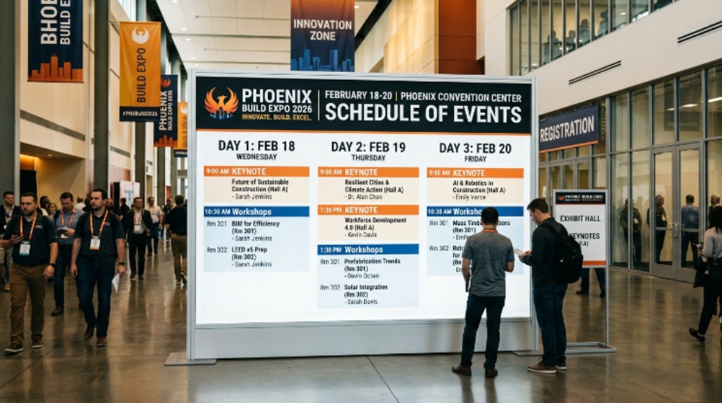 Phoenix Build Expo 2026 event schedule board showing workshops and keynote sessions