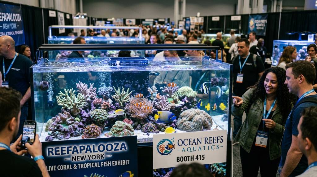 Saltwater fish swimming in tanks at Reefapalooza New York aquarium expo