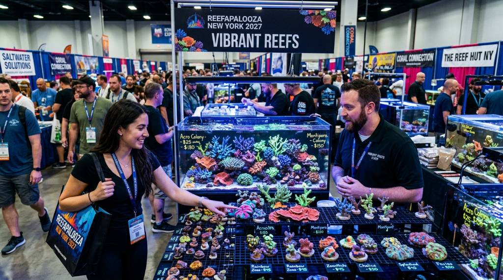 Colorful reef corals on display at Reefapalooza New York 2027 vendor booths