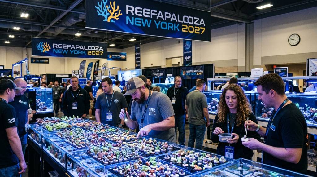 Reef hobbyists browsing coral frags at Reefapalooza New York 2027 show floor