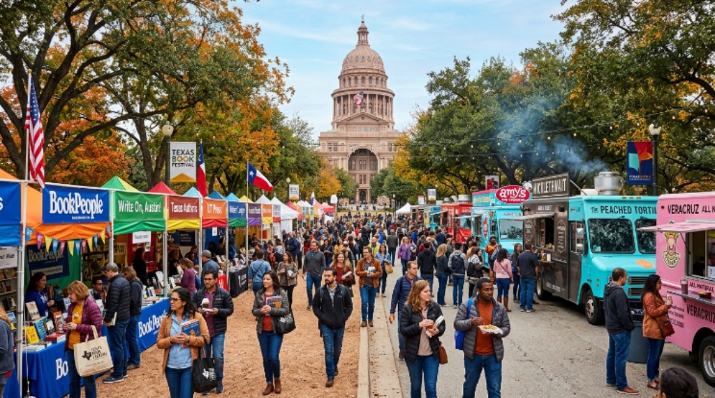 Colorful exhibitor booths and food trucks at the Texas Book Festival in November