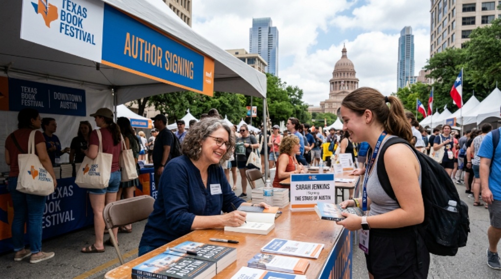 Author signing books at a tent during the Texas Book Festival in downtown Austin