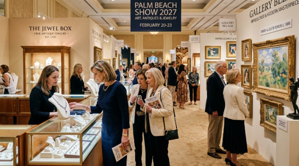 Visitors exploring antique jewelry and fine art booths at the Palm Beach Show 2027