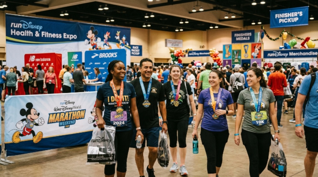 Participants wearing medals at the Health and Fitness Expo during runDisney Marathon Weekend at Walt Disney World Resort