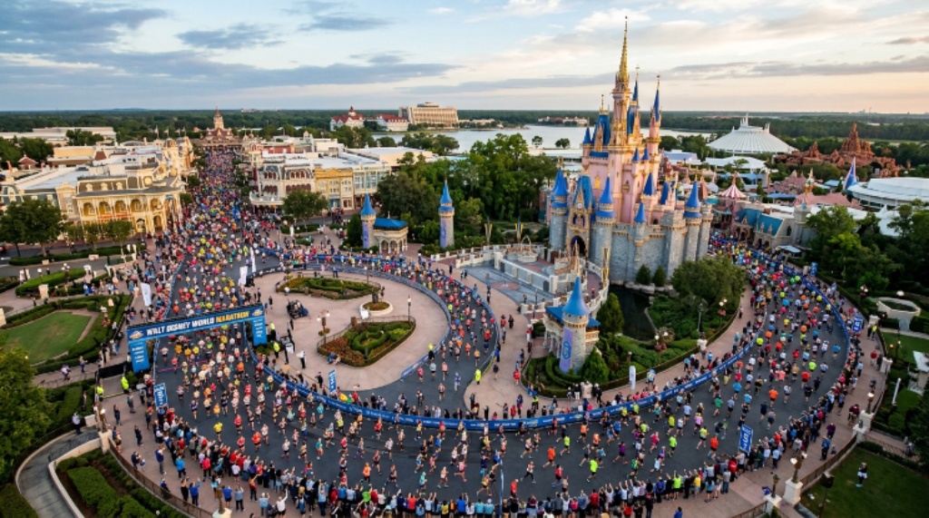 Aerial view of marathon runners passing Cinderella Castle at Magic Kingdom during the Walt Disney World Marathon
