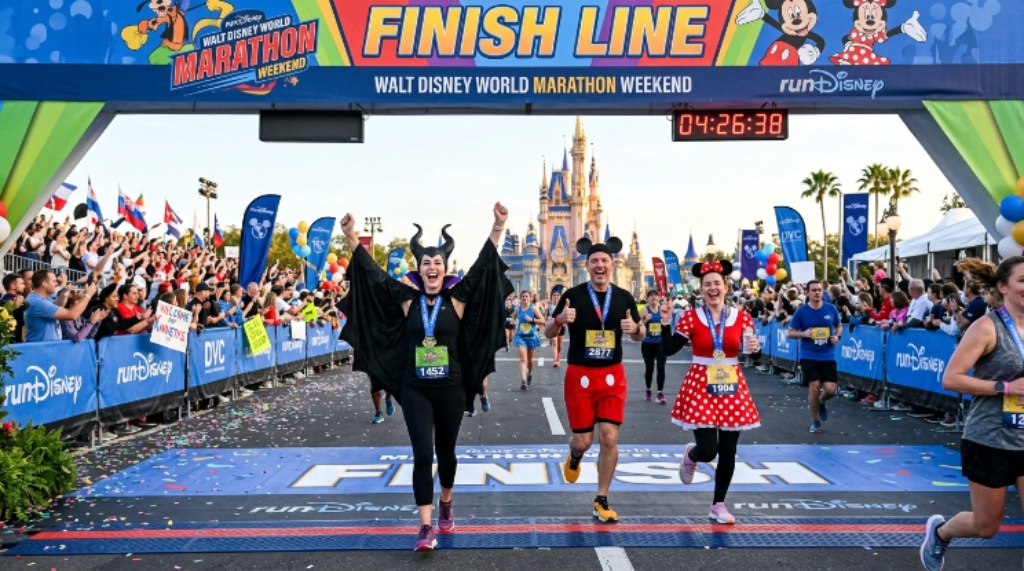 Runners in Disney costumes crossing the finish line at Walt Disney World Marathon Weekend