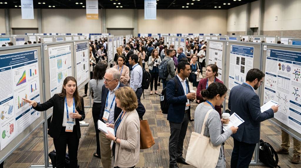 Scientists viewing research posters in a busy conference hall