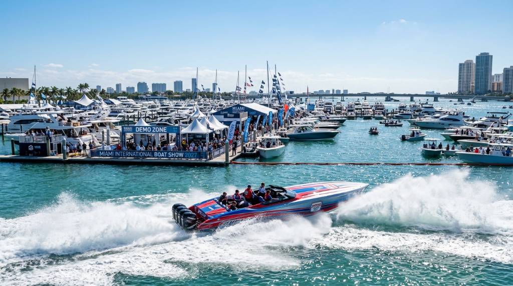 A speedboat performing an on-water demonstration during the Miami International Boat Show 2027 in sunny February weather