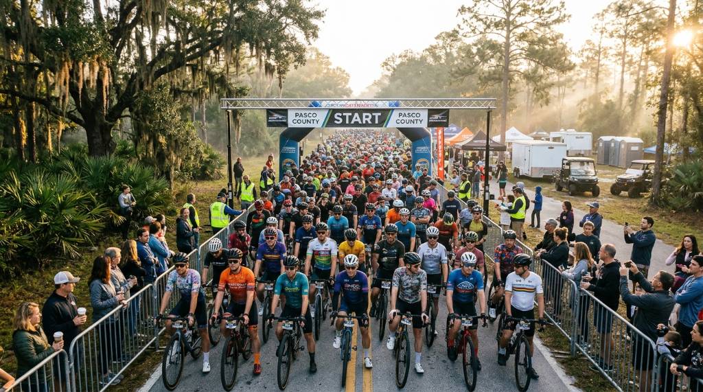 Riders lined up at a wave start on race morning in Pasco County
