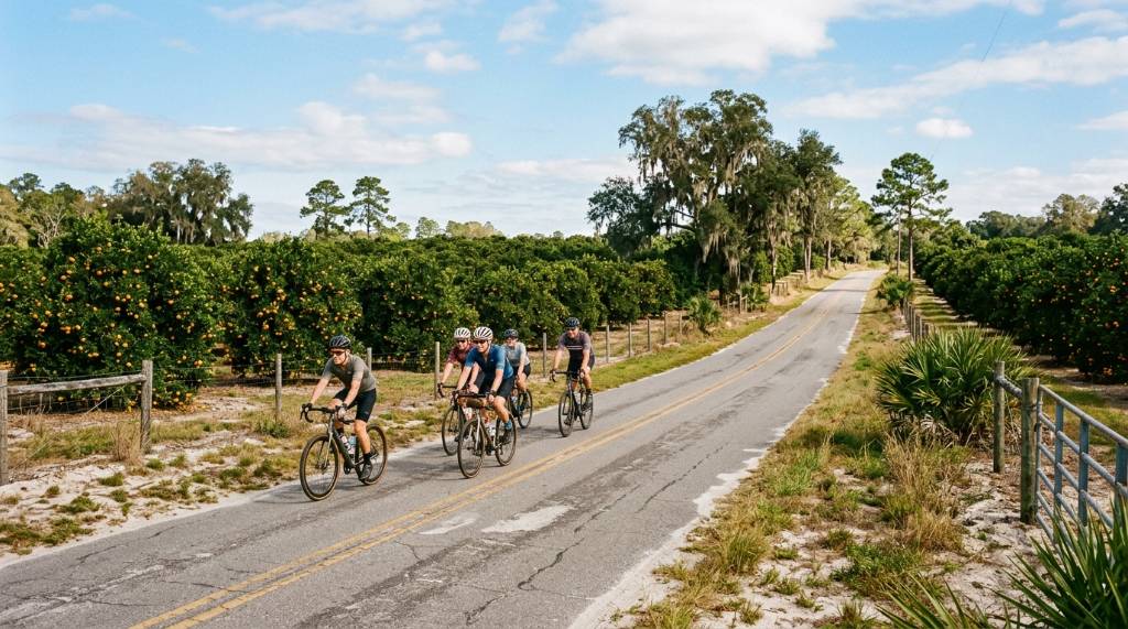 Cyclists riding through orange groves near Dade City, Florida