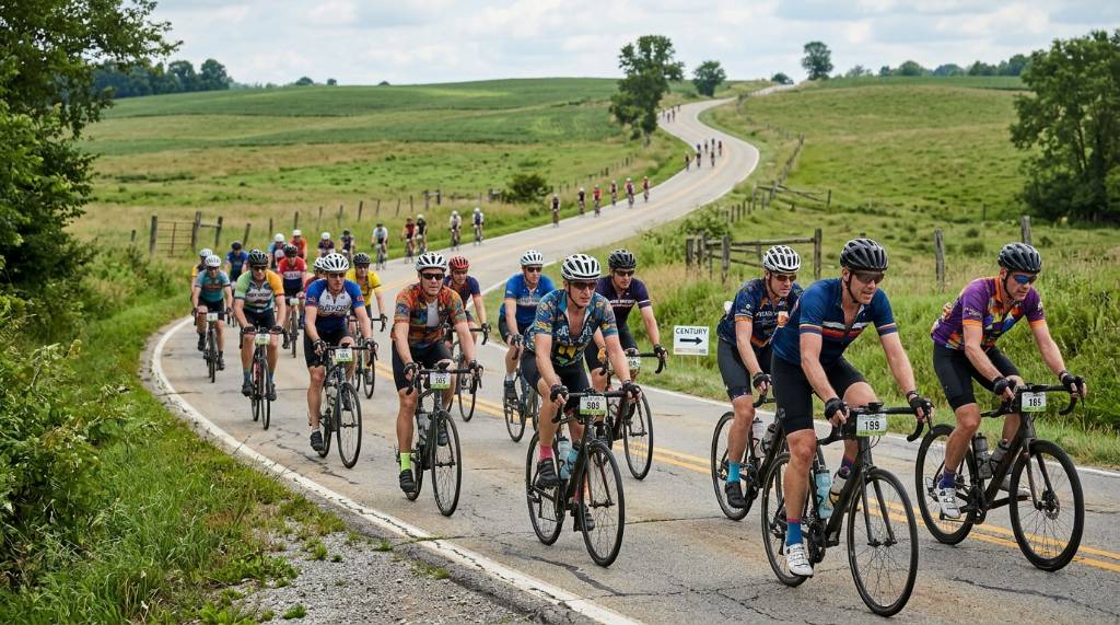 Cycling group climbing a rolling country road during a century ride