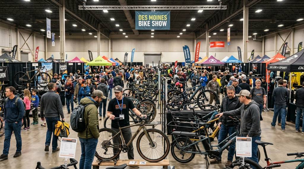Cyclists browsing new bikes at a crowded indoor bike show in Des Moines, Iowa