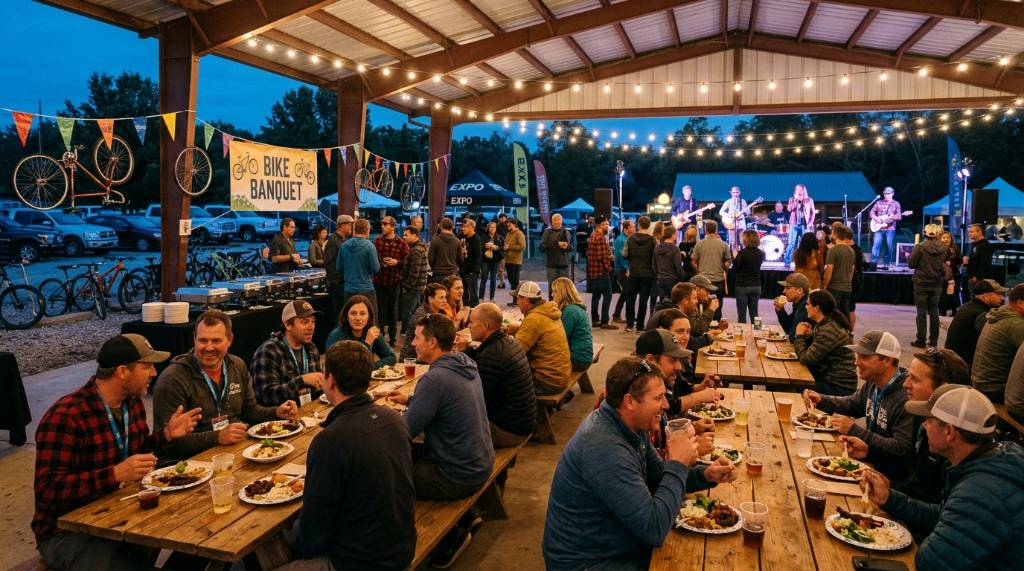 Guests enjoying food and music at the Bike Banquet after the expo