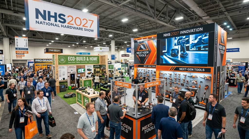 Hardware trade show booths featuring tools and home improvement products at NHS 2027