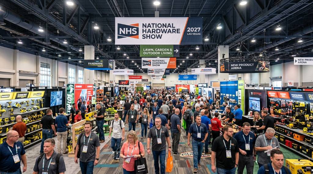 National Hardware Show 2027 exhibit hall with products and attendees at Las Vegas Convention Center