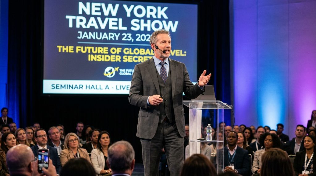 Travel expert speaking on stage during a live seminar at the New York Travel Show held on January 23, 2027