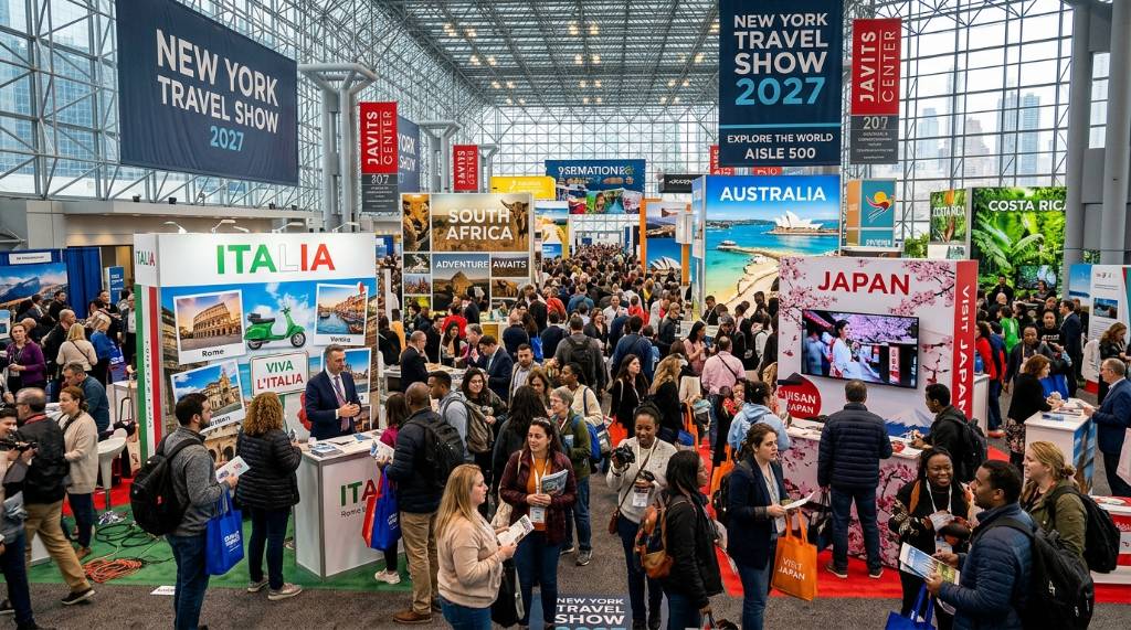 Crowds of travel enthusiasts exploring destination booths at the New York Travel Show 2027 inside the Javits Convention Center