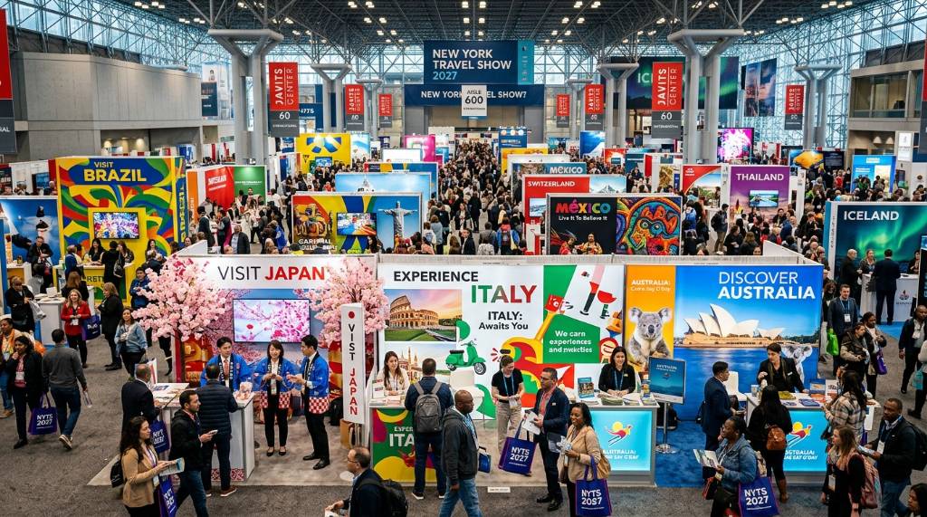 Colorful international destination displays and exhibitor booths at the New York Travel Show 2027 in Manhattan