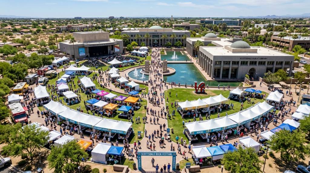 Aerial view of Scottsdale Civic Center festival grounds with book tents and visitor booths
